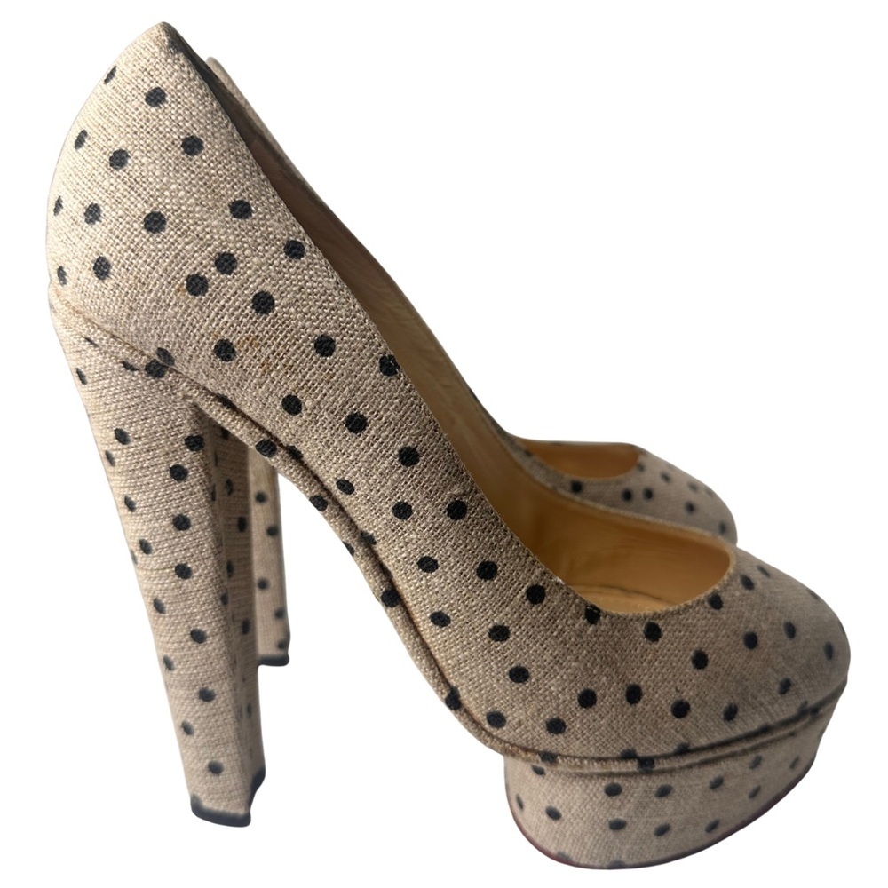 Charlotte Olympia Beige and Black Polka Dot Heels